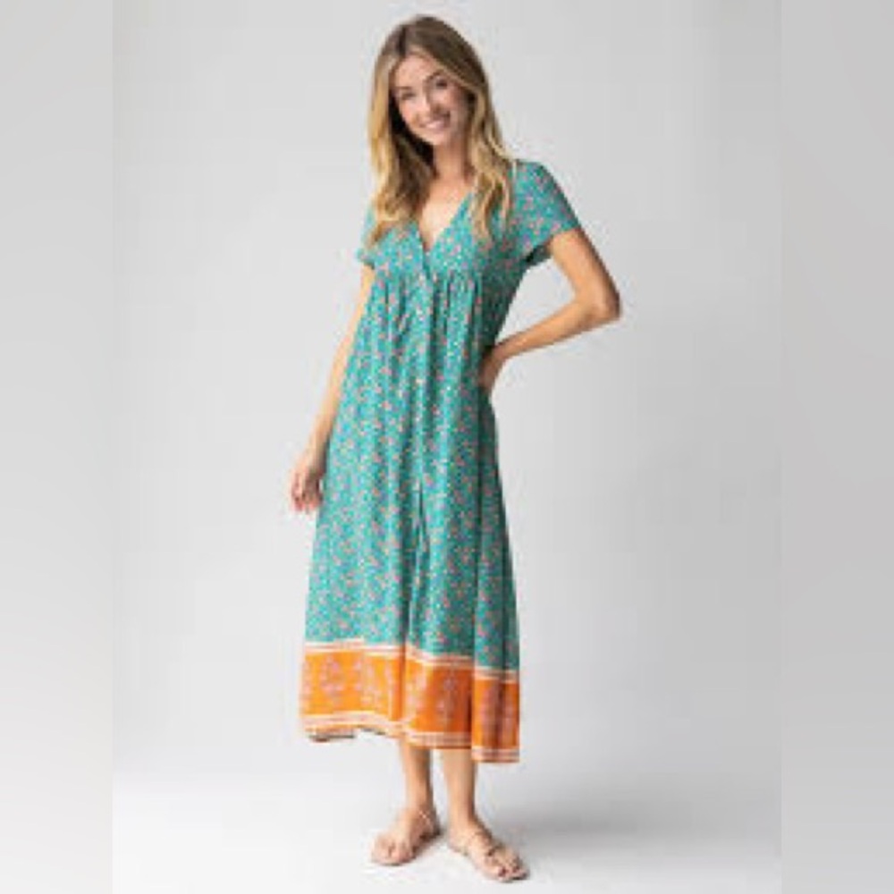 NATURAL LIFE Teal and Tangerine Floral Maxi Dress